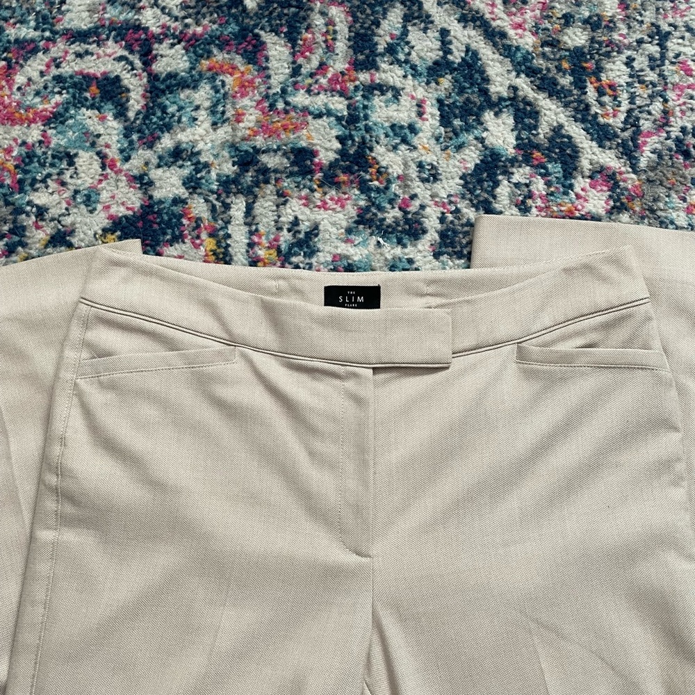 White House Black Market slim flare tan trousers size 10